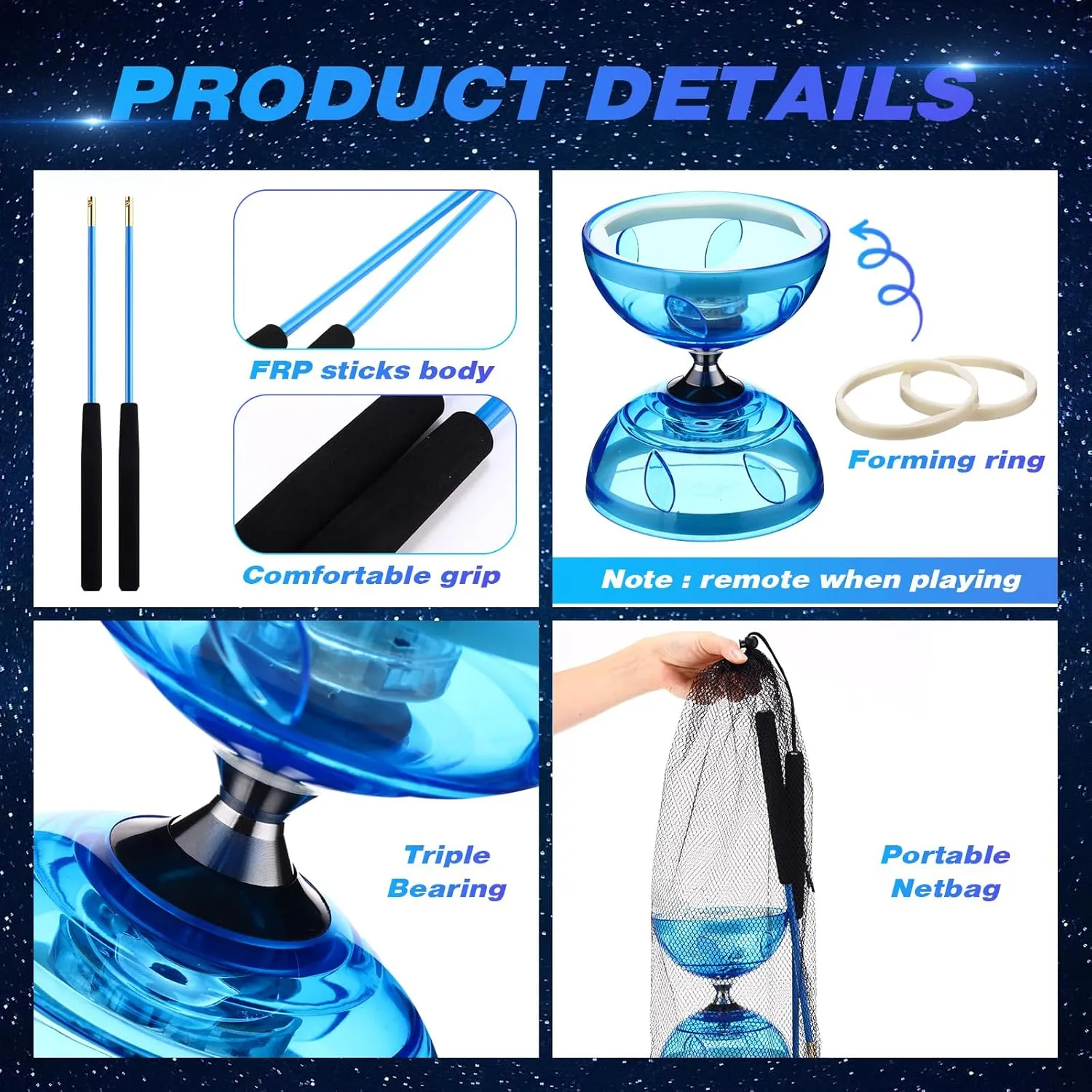 Chinese Yoyo Diabolo Set Includes Colorful LED Diabolo Toy Light up with 2 Pieces Sticks, 1 Piece String, 1 Net Bag for Fun(Blue)