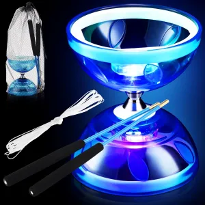 Chinese Yoyo Diabolo Set Includes Colorful LED Diabolo Toy Light up with 2 Pieces Sticks, 1 Piece String, 1 Net Bag for Fun(Blue)