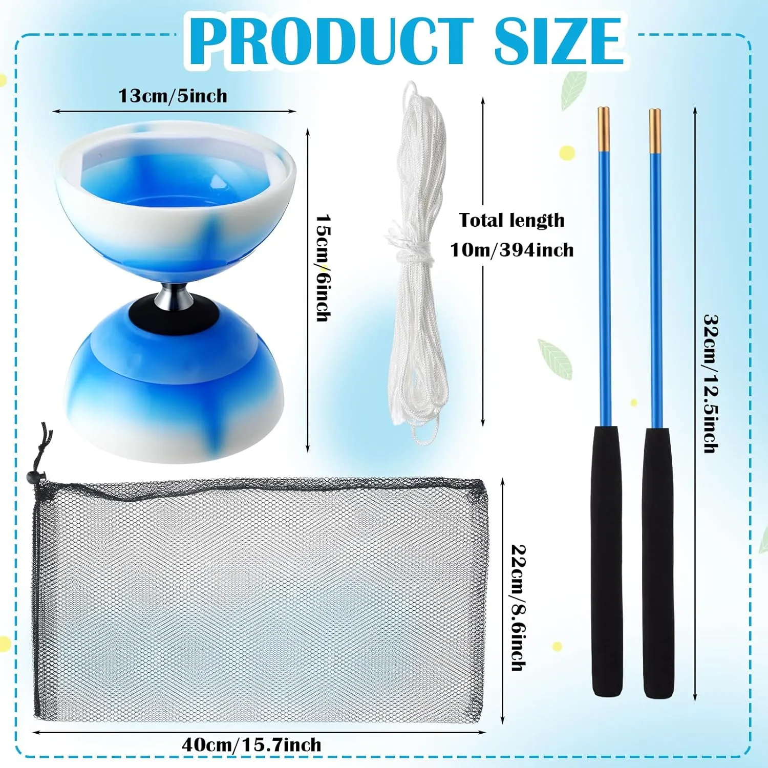 Chinese Yoyo Diabolo Set Includes Colorful LED Diabolo Toy Light up with 2 Pieces Sticks, 1 Piece String, 1 Net Bag for Fun(Blue)