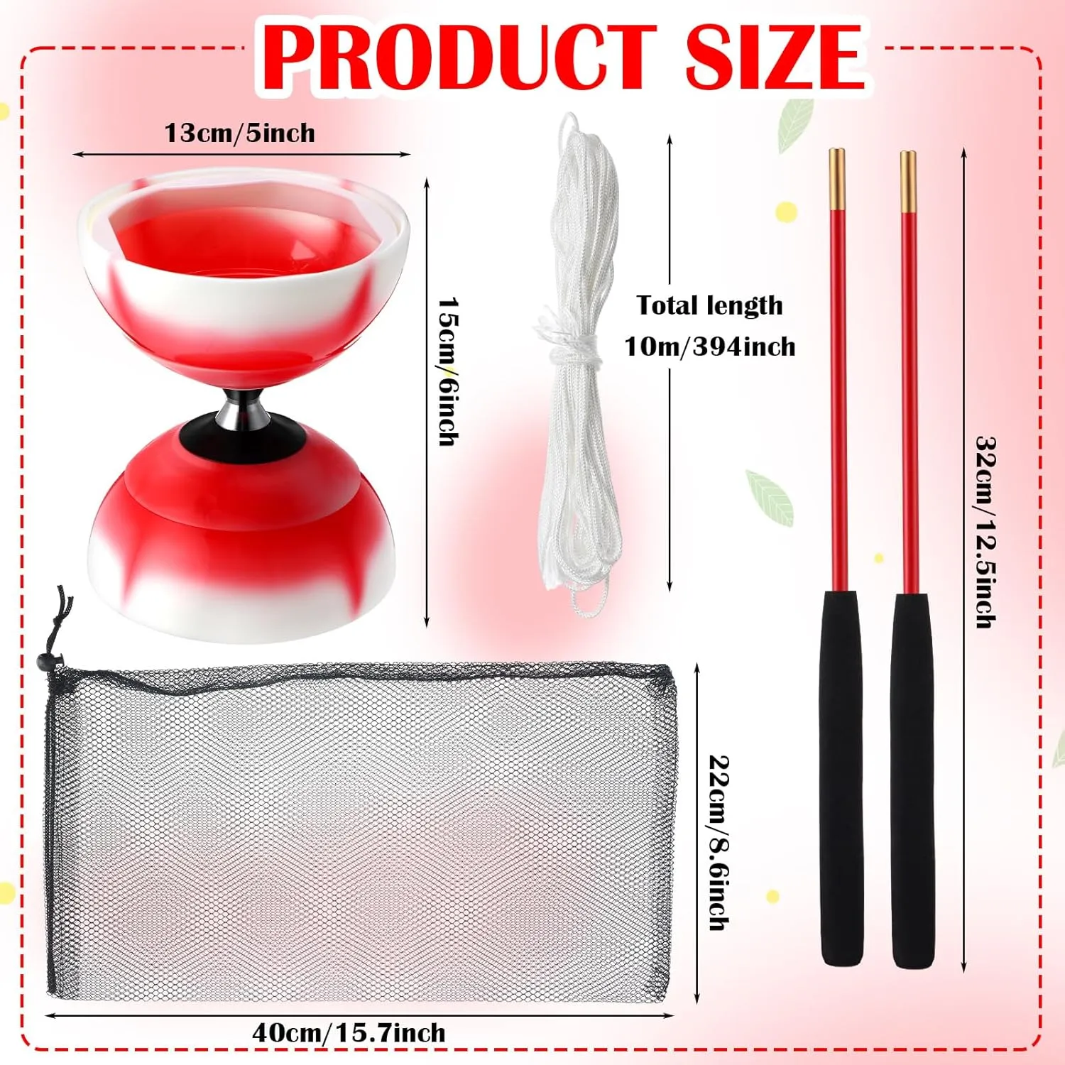 Chinese Yoyo Diabolo Set Includes Colorful LED Diabolo Toy Light up with 2 Pieces Sticks, 1 Piece String, 1 Net Bag for Fun(Red)