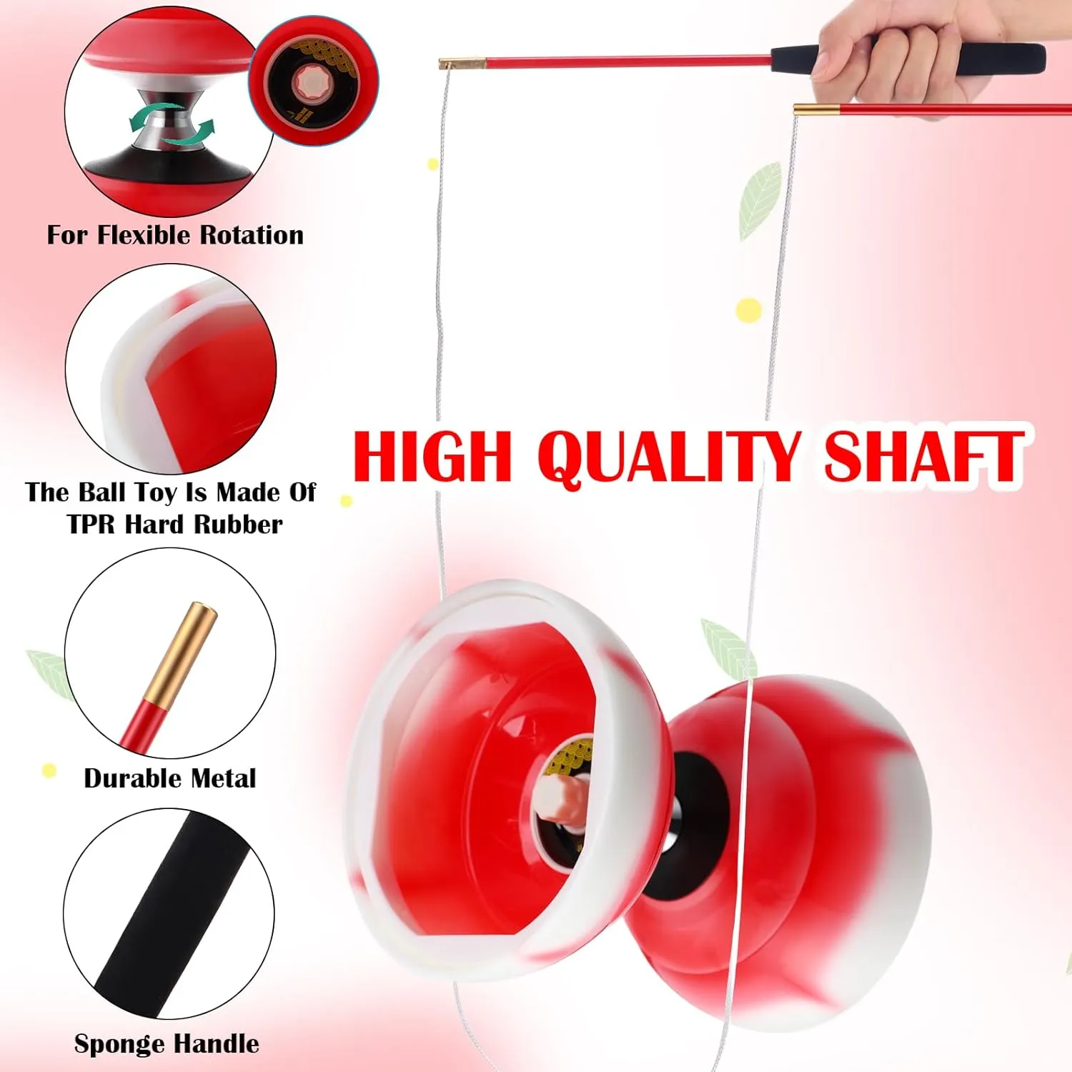 Chinese Yoyo Diabolo Set Includes Colorful LED Diabolo Toy Light up with 2 Pieces Sticks, 1 Piece String, 1 Net Bag for Fun(Red)