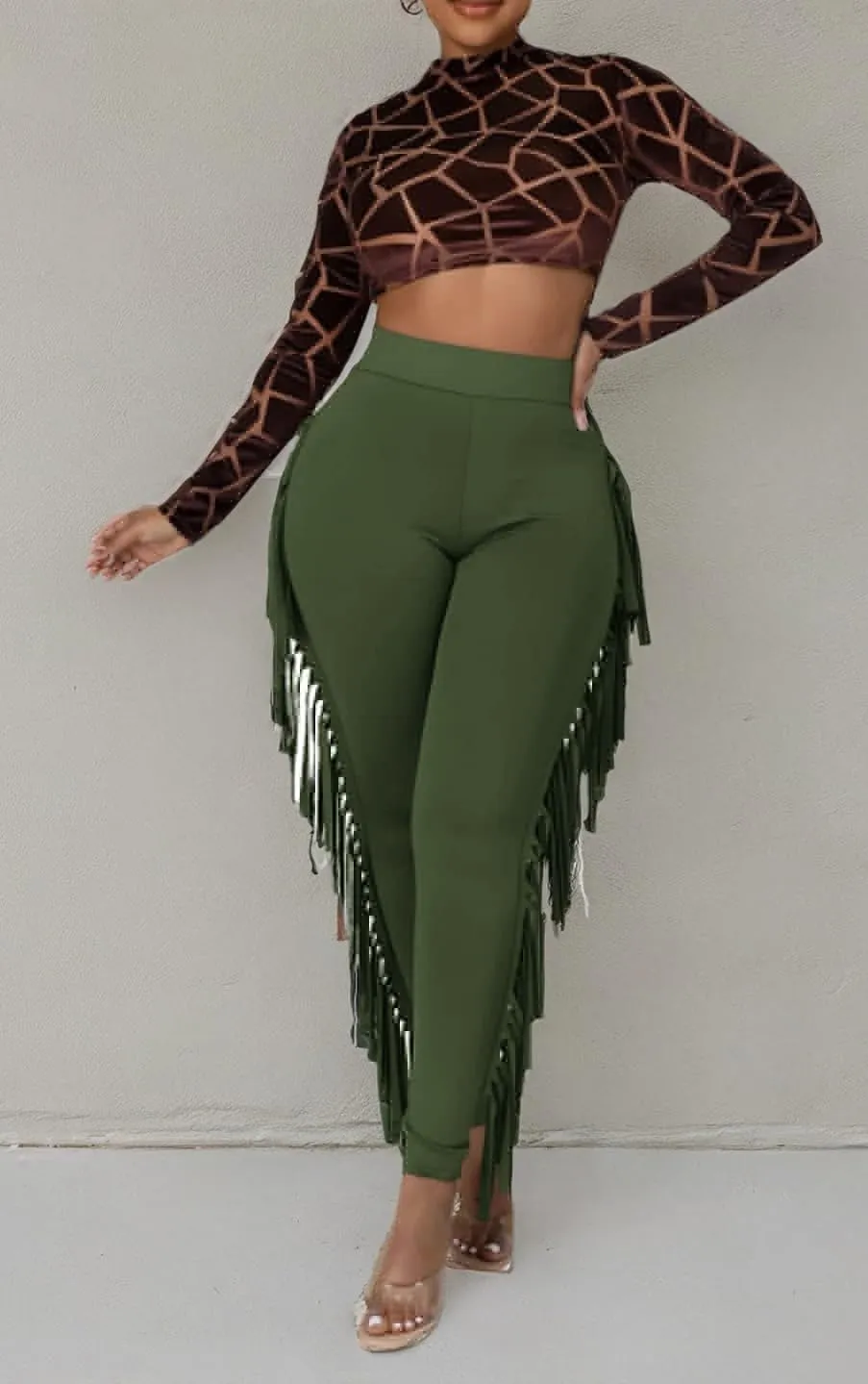 Choichic Women's Casual High Waist Fringed Pants With Elastic Waist - Bodycon Tassels Side Long Jogger Sweatpant
