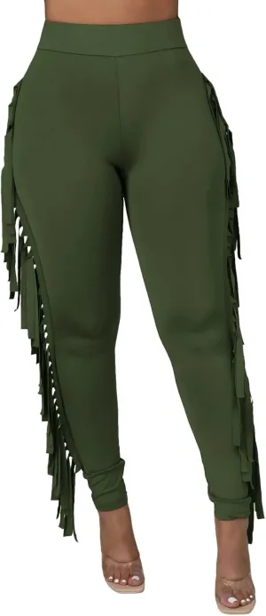 Choichic Women's Casual High Waist Fringed Pants With Elastic Waist - Bodycon Tassels Side Long Jogger Sweatpant