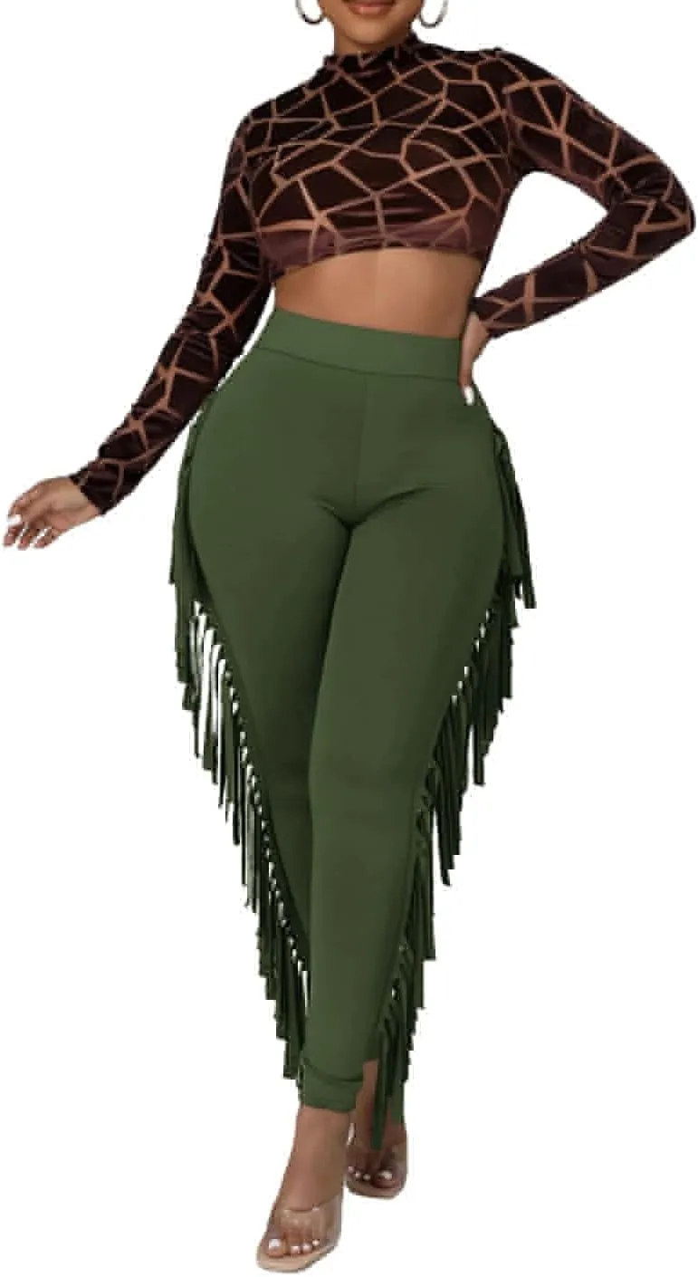 Choichic Women's Casual High Waist Fringed Pants With Elastic Waist - Bodycon Tassels Side Long Jogger Sweatpant