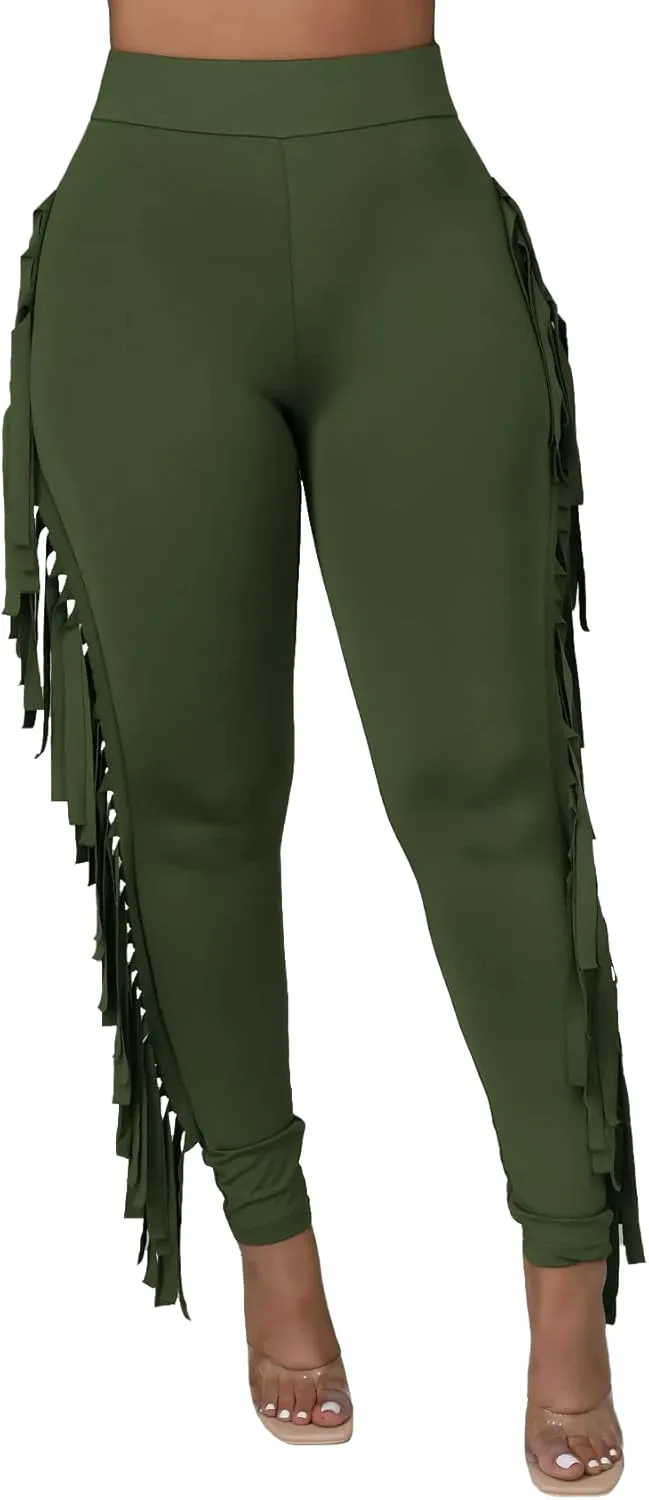 Choichic Women's Casual High Waist Fringed Pants With Elastic Waist - Bodycon Tassels Side Long Jogger Sweatpant