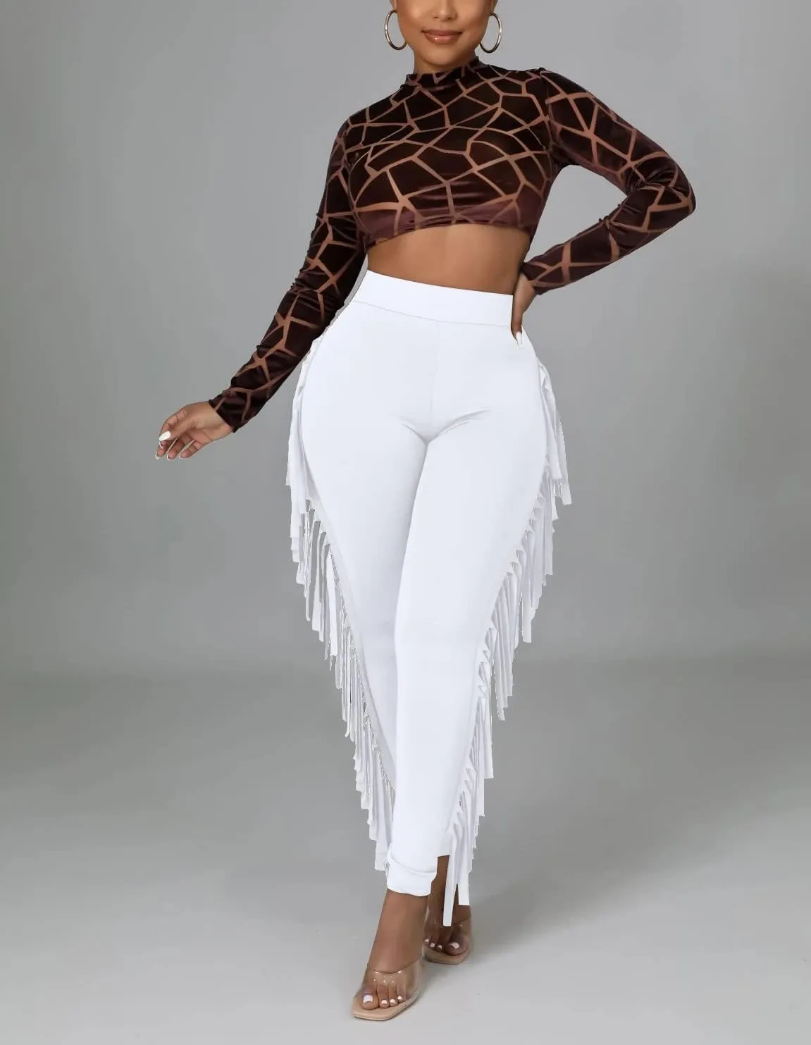 Choichic Women's Casual High Waist Fringed Pants With Elastic Waist - Bodycon Tassels Side Long Jogger Sweatpant