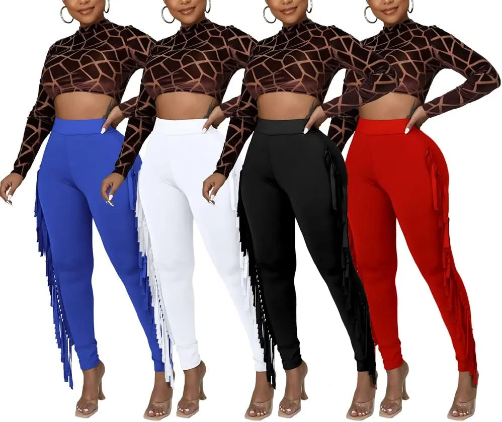 Choichic Women's Casual High Waist Fringed Pants With Elastic Waist - Bodycon Tassels Side Long Jogger Sweatpant