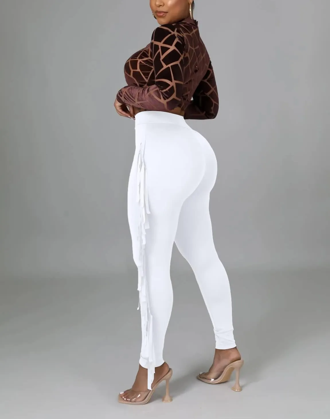 Choichic Women's Casual High Waist Fringed Pants With Elastic Waist - Bodycon Tassels Side Long Jogger Sweatpant