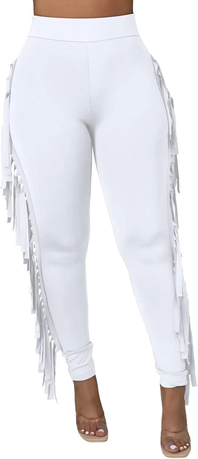 Choichic Women's Casual High Waist Fringed Pants With Elastic Waist - Bodycon Tassels Side Long Jogger Sweatpant