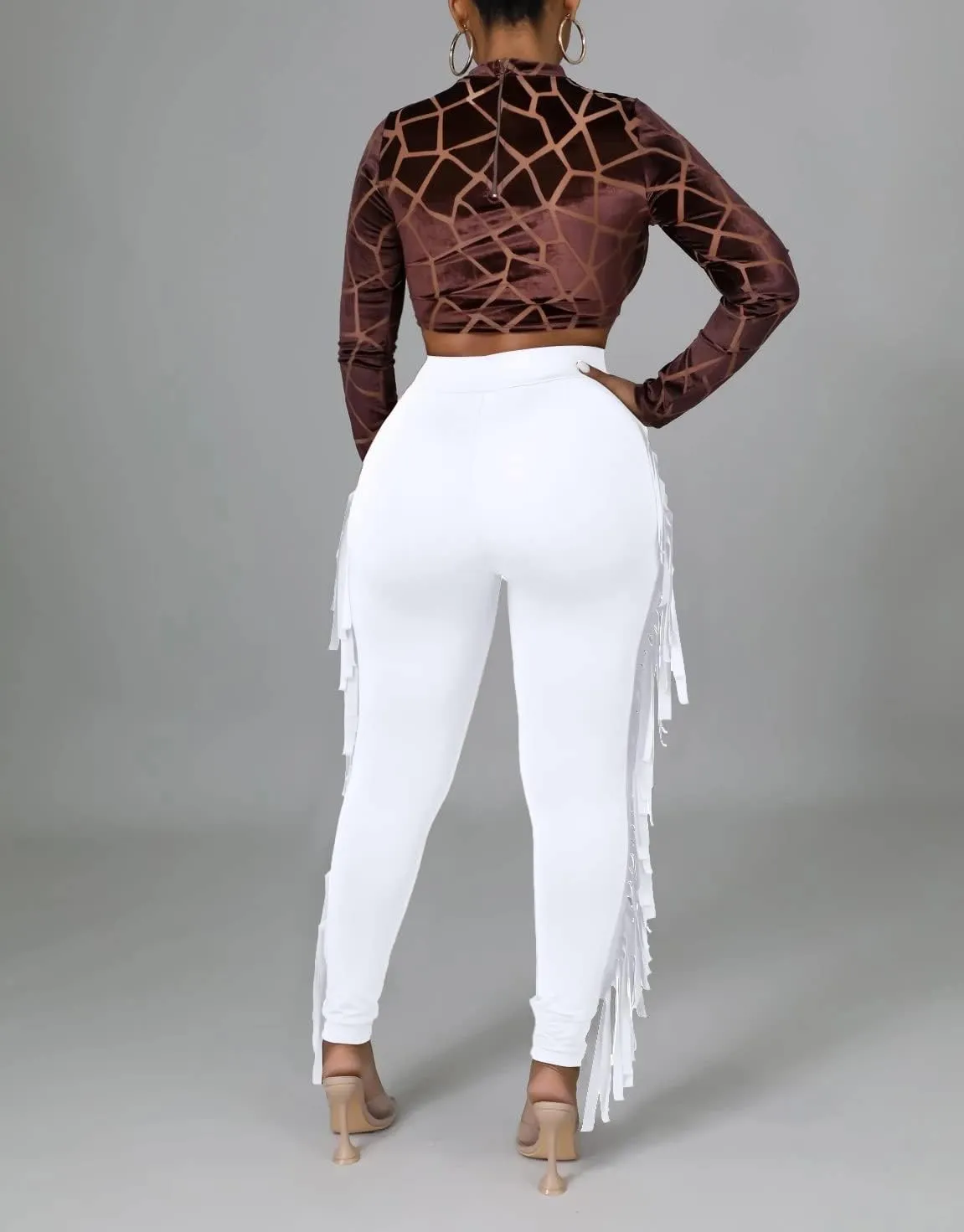 Choichic Women's Casual High Waist Fringed Pants With Elastic Waist - Bodycon Tassels Side Long Jogger Sweatpant