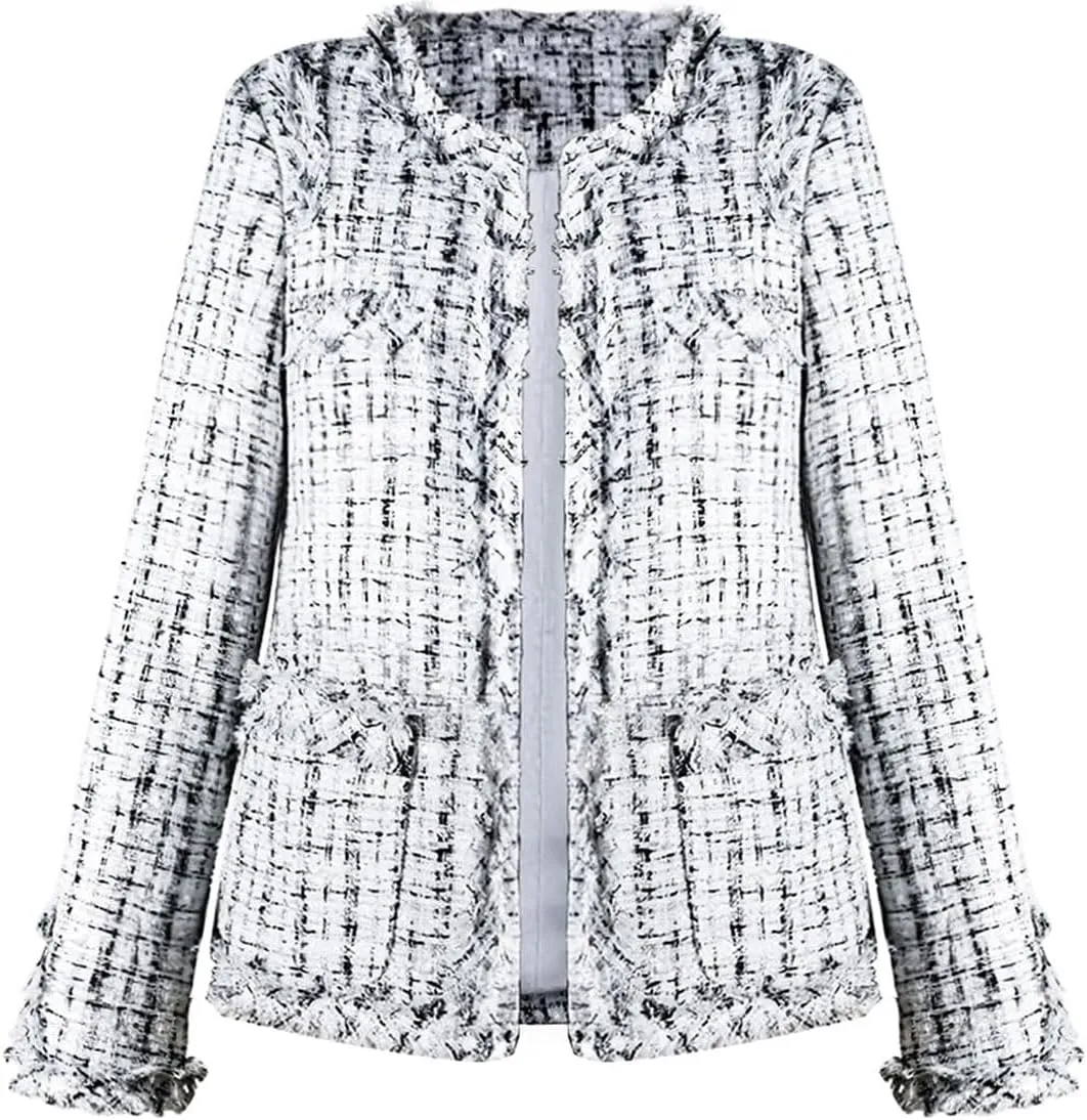 chouyatou Women's Fall Business Casual Tweed Blazer Jacket Collarless Open Front Dressy Tweed Jacket