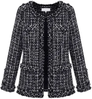 chouyatou Women's Fall Business Casual Tweed Blazer Jacket Collarless Open Front Dressy Tweed Jacket