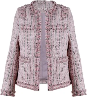 chouyatou Women's Fall Business Casual Tweed Blazer Jacket Collarless Open Front Dressy Tweed Jacket