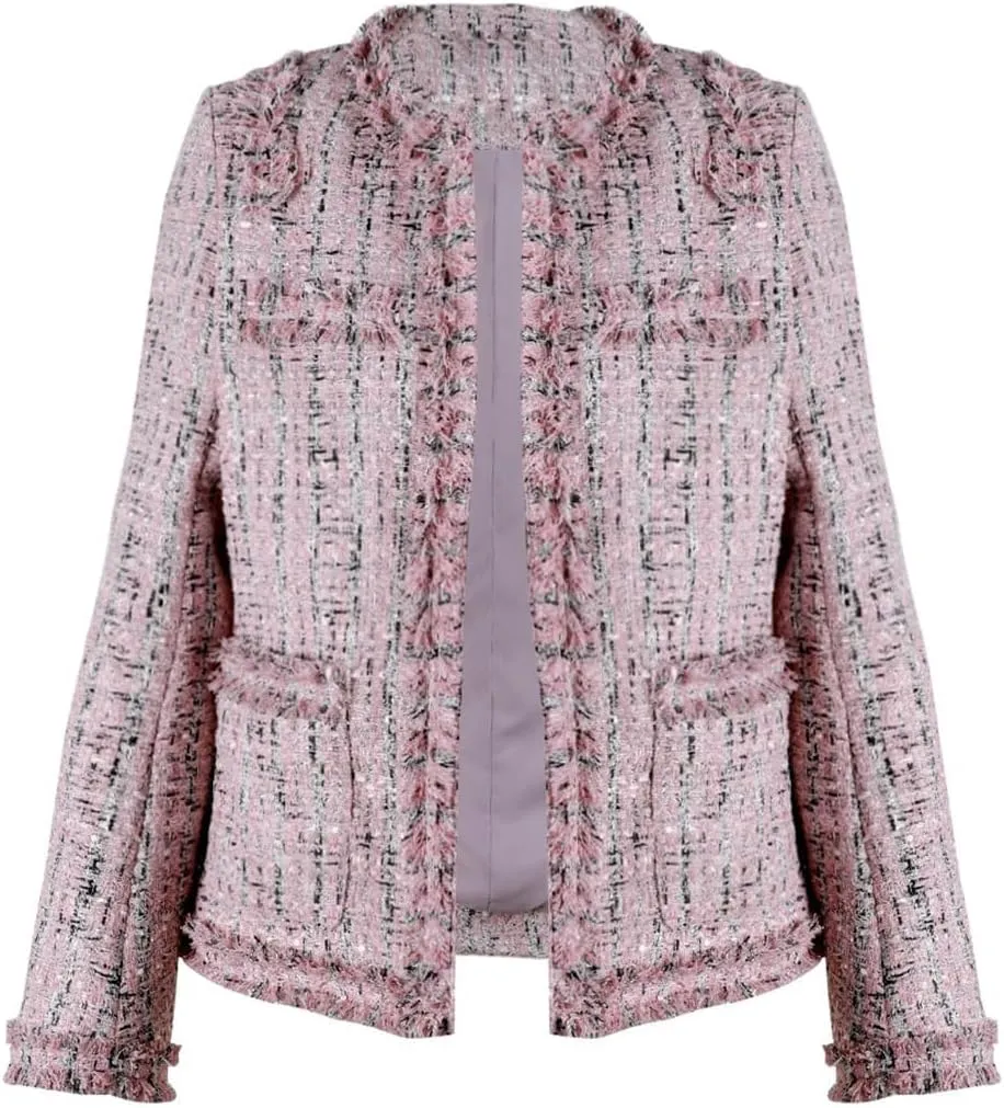 chouyatou Women's Fall Business Casual Tweed Blazer Jacket Collarless Open Front Dressy Tweed Jacket