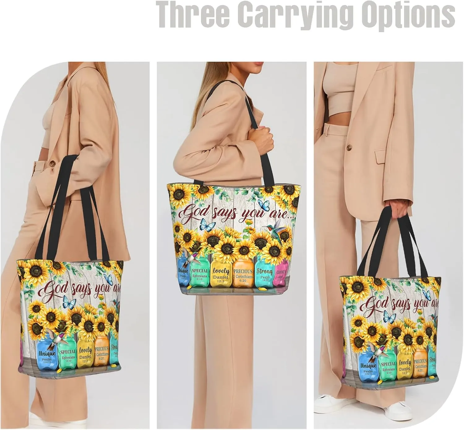 Christian Tote Bag for Women with Zipper, Inspirational God Says You Are Bible Verse Print, Large Sunflower Canvas Church Purse, Uplifting Gift for Bible Study, Work & Travel