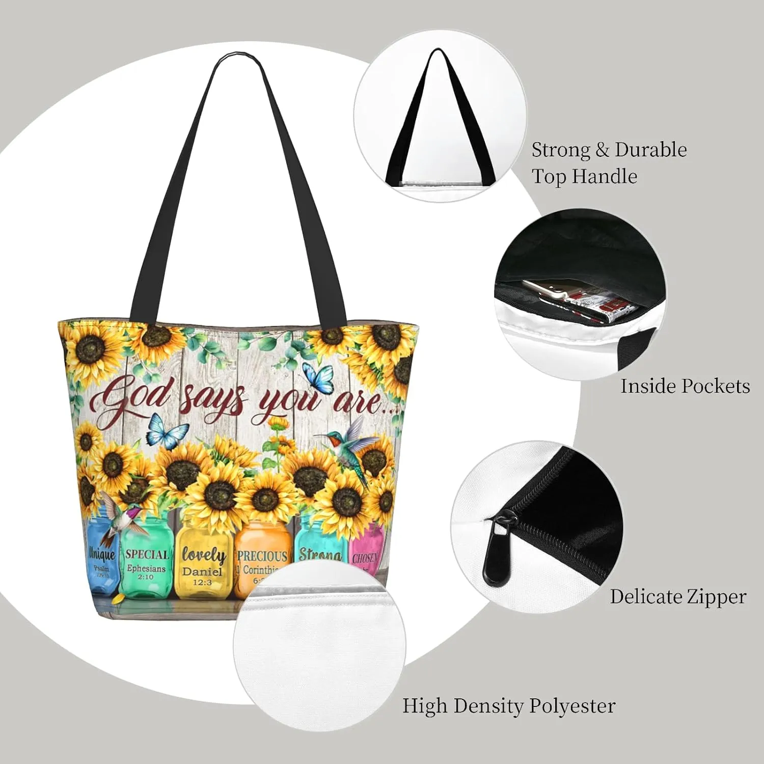 Christian Tote Bag for Women with Zipper, Inspirational God Says You Are Bible Verse Print, Large Sunflower Canvas Church Purse, Uplifting Gift for Bible Study, Work & Travel