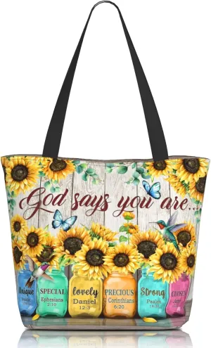 Christian Tote Bag for Women with Zipper, Inspirational God Says You Are Bible Verse Print, Large Sunflower Canvas Church Purse, Uplifting Gift for Bible Study, Work & Travel