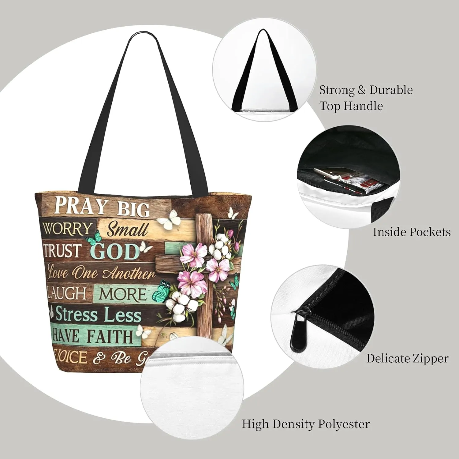 Christian Tote Bag with Zipper – Bible Verse & Cross Print Inspirational Religious Gift for Church Women, Large Reusable Scripture Tote for Shopping, Travel & Bible Study