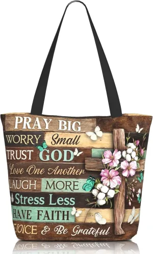 Christian Tote Bag with Zipper – Bible Verse & Cross Print Inspirational Religious Gift for Church Women, Large Reusable Scripture Tote for Shopping, Travel & Bible Study