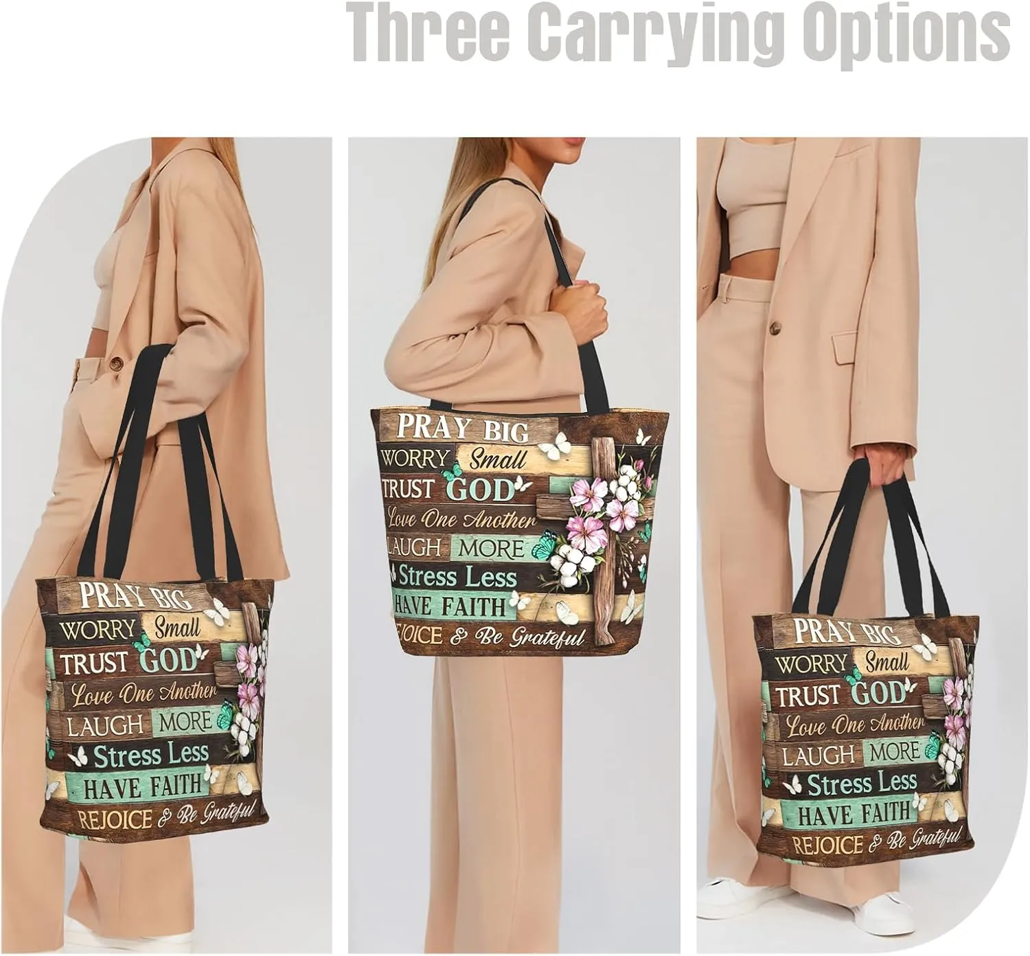 Christian Tote Bag with Zipper – Bible Verse & Cross Print Inspirational Religious Gift for Church Women, Large Reusable Scripture Tote for Shopping, Travel & Bible Study