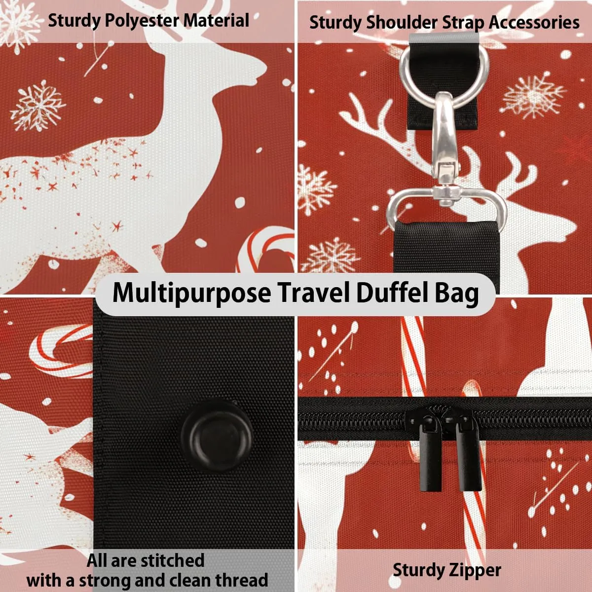 Christmas Elk Travel Duffle Bag for Women Men Gym Duffel Foldable Bag Waterproof Weekender Reindeer Red Duffle Tote