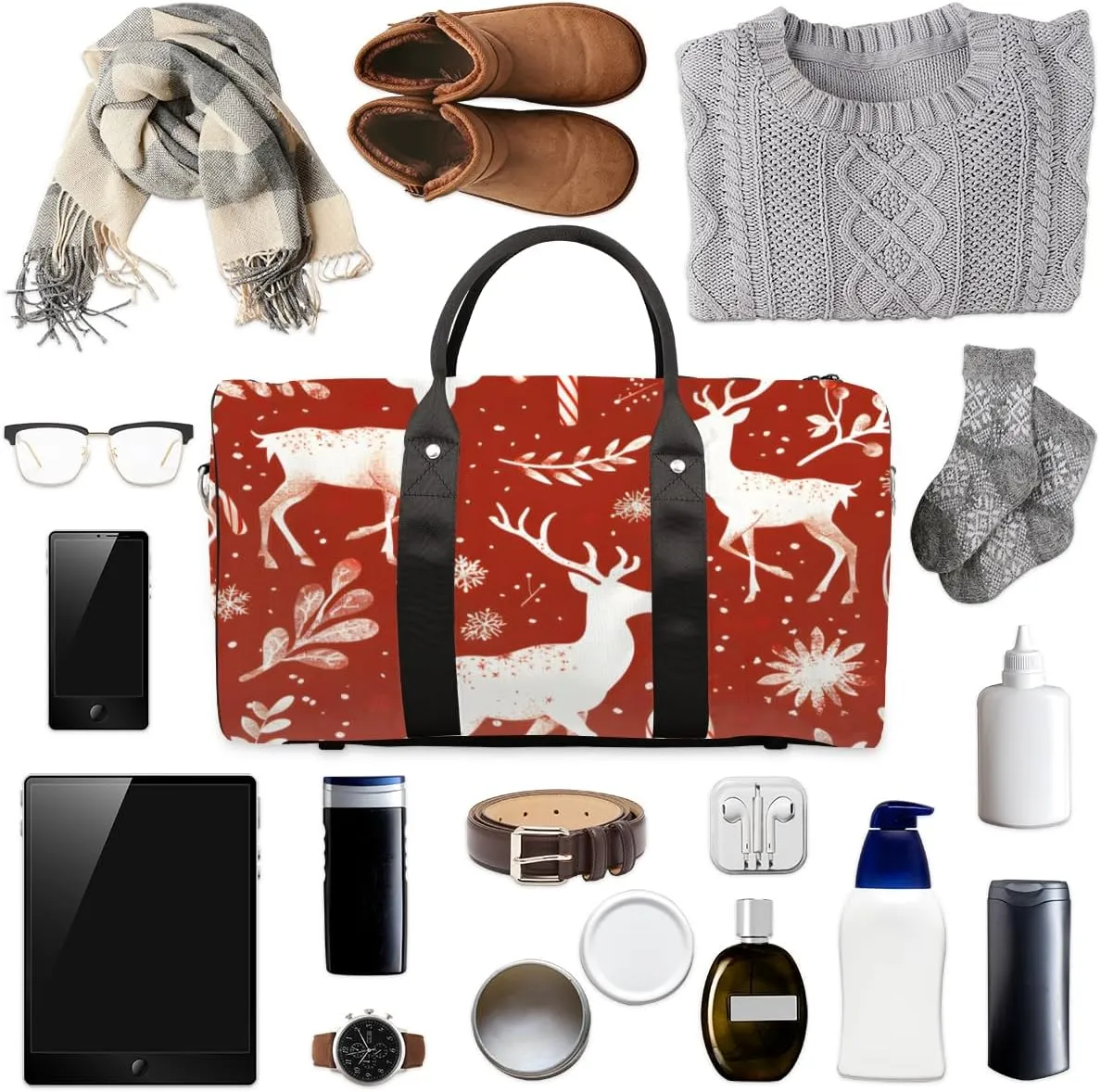 Christmas Elk Travel Duffle Bag for Women Men Gym Duffel Foldable Bag Waterproof Weekender Reindeer Red Duffle Tote