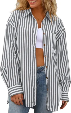CHYRII Womens Striped Button Down Shirt Casual Long Sleeve Blouse Top