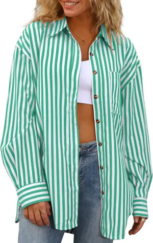 CHYRII Womens Striped Button Down Shirt Casual Long Sleeve Blouse Top