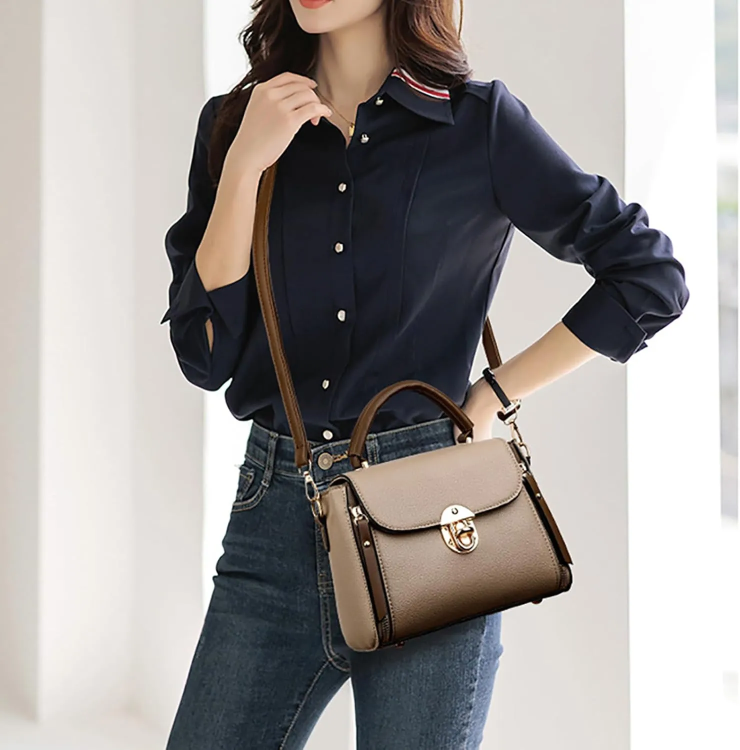 Classic Leather Shoulder Bags For Women, Top Handle Satchel Purses With Gold Hardware