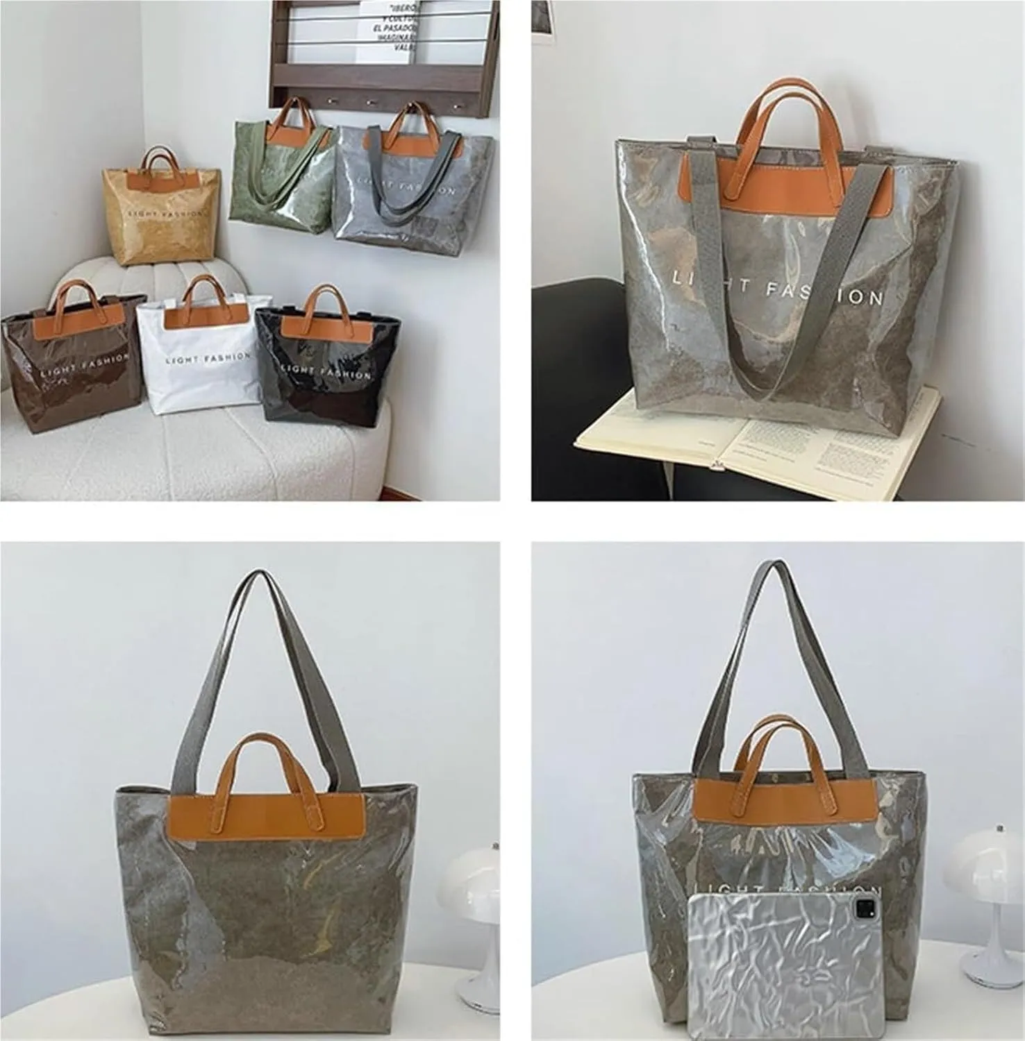 Clear PVC Tote Bag for Women Letters Print Large Plastic Shoulder Bags Handbags for Work Travel
