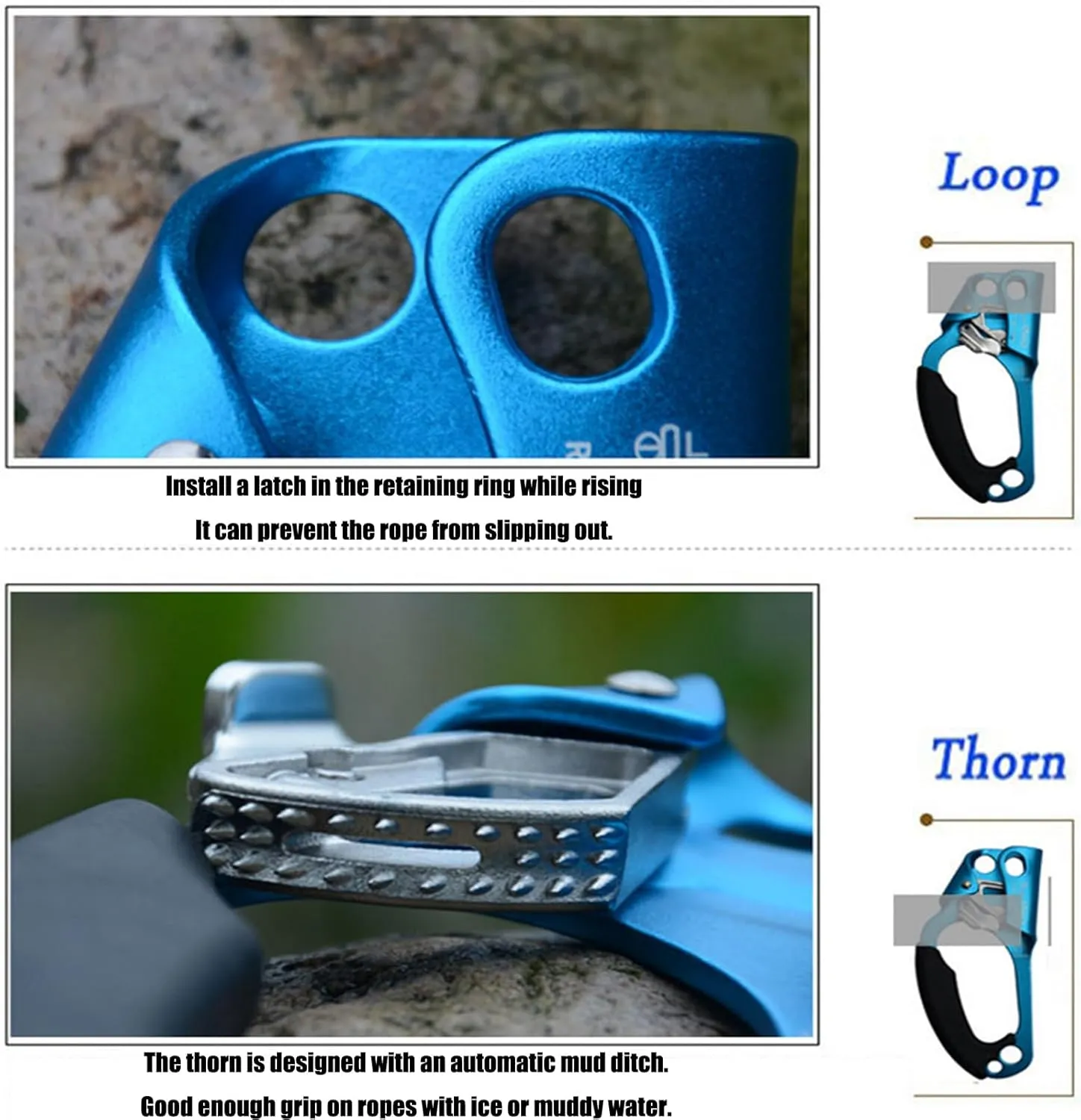 Climbing Rappelling Equip Ascenders,Aviation Light Alloy Left Handled Ascender,Quick Roll Hand Ascender,for Rescue Caving Rigging Tree Arborist, Blue