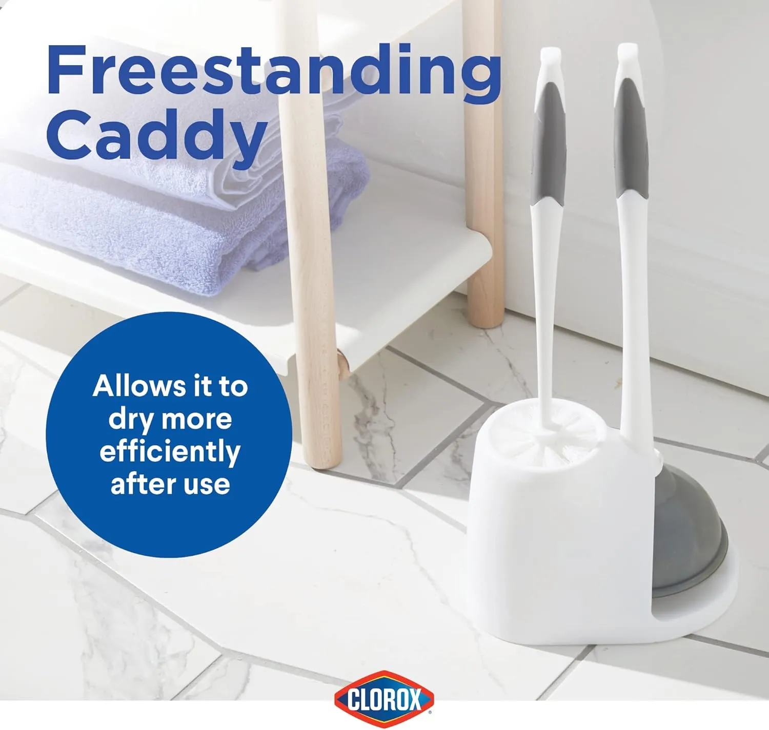 Clorox Toilet Bowl Brush & Plunger Combo Set with Storage Caddy - Toilet Plunger for Bathroom, Bathroom Organizers & Storage, Bathroom Accessories, Toilet Unclogger, Long Handled Toilet Brush