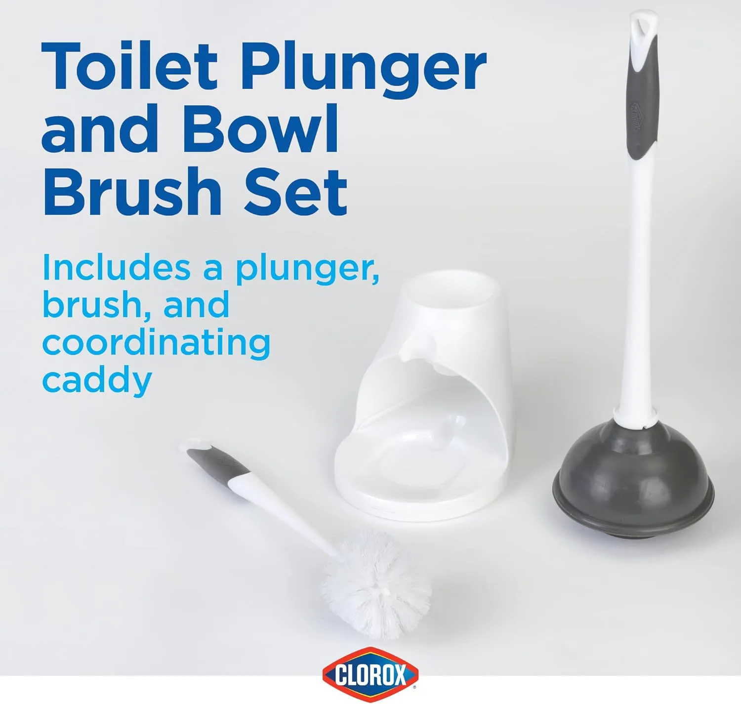 Clorox Toilet Bowl Brush & Plunger Combo Set with Storage Caddy - Toilet Plunger for Bathroom, Bathroom Organizers & Storage, Bathroom Accessories, Toilet Unclogger, Long Handled Toilet Brush