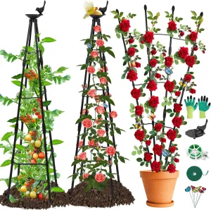Cludoo 2 Packs Garden Obelisk Trellis for Climbing Plants with Bird Drinking Tray Decoration, Rustproof Metal Pipe with Heavy Duty Plastic Coated, Garden Climbing Trellis for Flowers, Vines, Vegetable