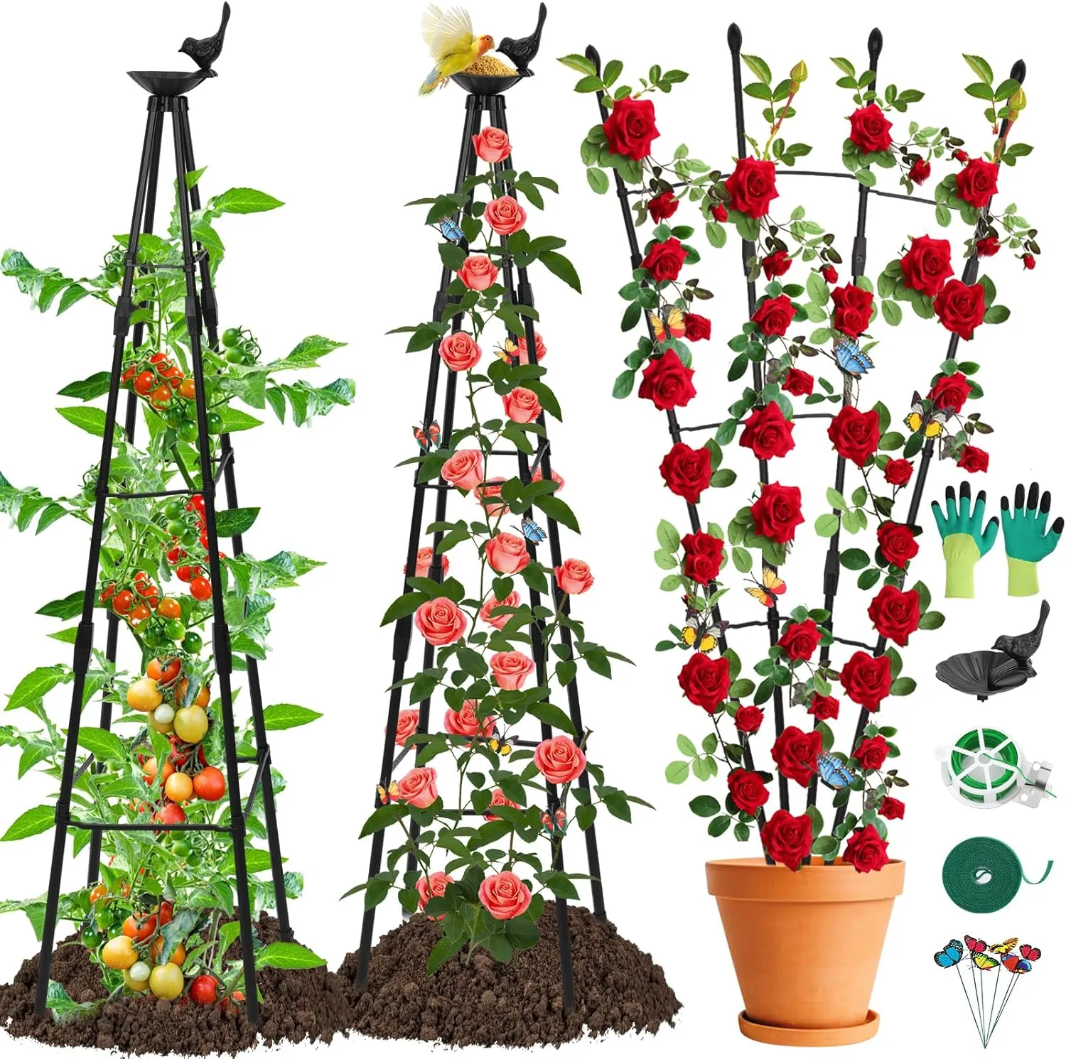Cludoo 2 Packs Garden Obelisk Trellis for Climbing Plants with Bird Drinking Tray Decoration, Rustproof Metal Pipe with Heavy Duty Plastic Coated, Garden Climbing Trellis for Flowers, Vines, Vegetable