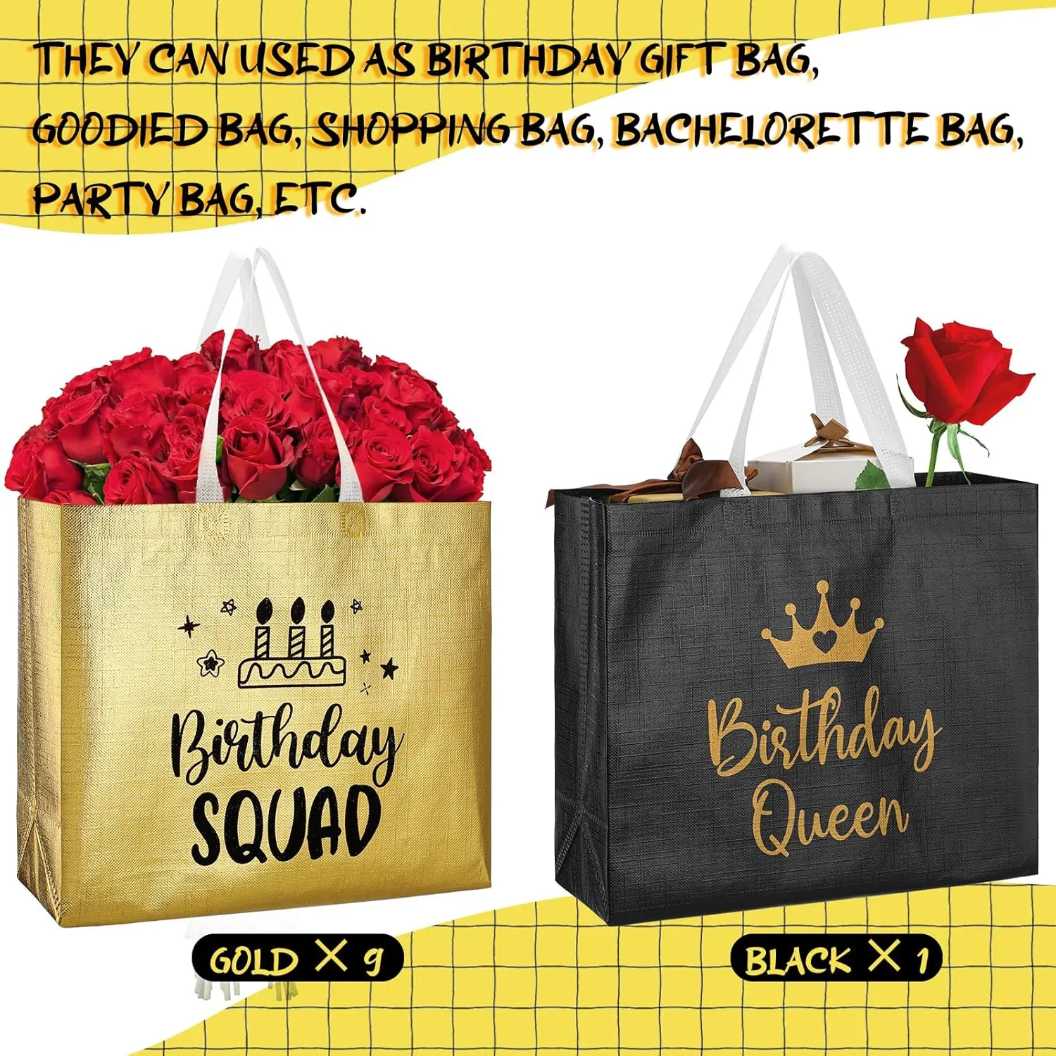 Clysee 10 Pack Reusable Birthday Squad Birthday Queen Gift Bag with Handle Large Tote Bag for Women(Gold, Black)