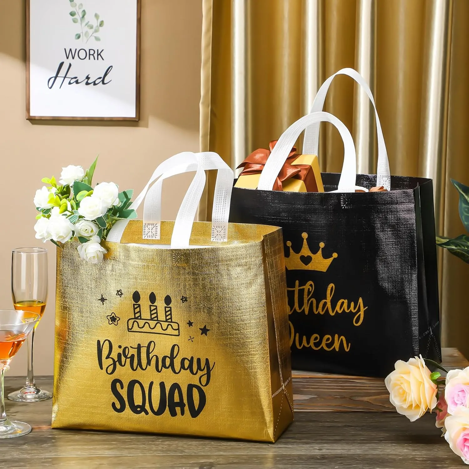 Clysee 10 Pack Reusable Birthday Squad Birthday Queen Gift Bag with Handle Large Tote Bag for Women(Gold, Black)
