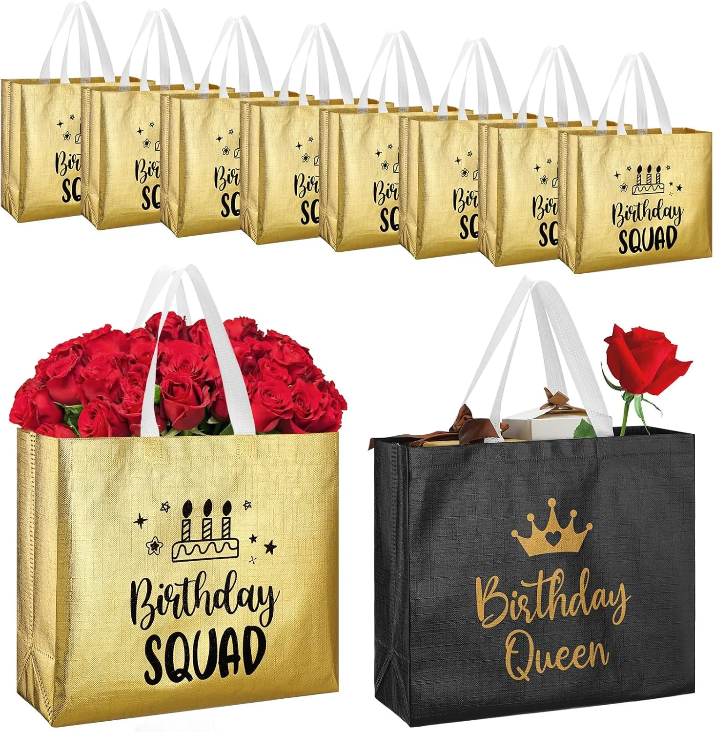 Clysee 10 Pack Reusable Birthday Squad Birthday Queen Gift Bag with Handle Large Tote Bag for Women(Gold, Black)
