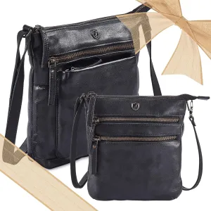 Cochoa Small Triple Zip Real Leather Women's Crossbody- Premium Vintage Crossover Shoulder Sling Bag (Set of 2 Black)
