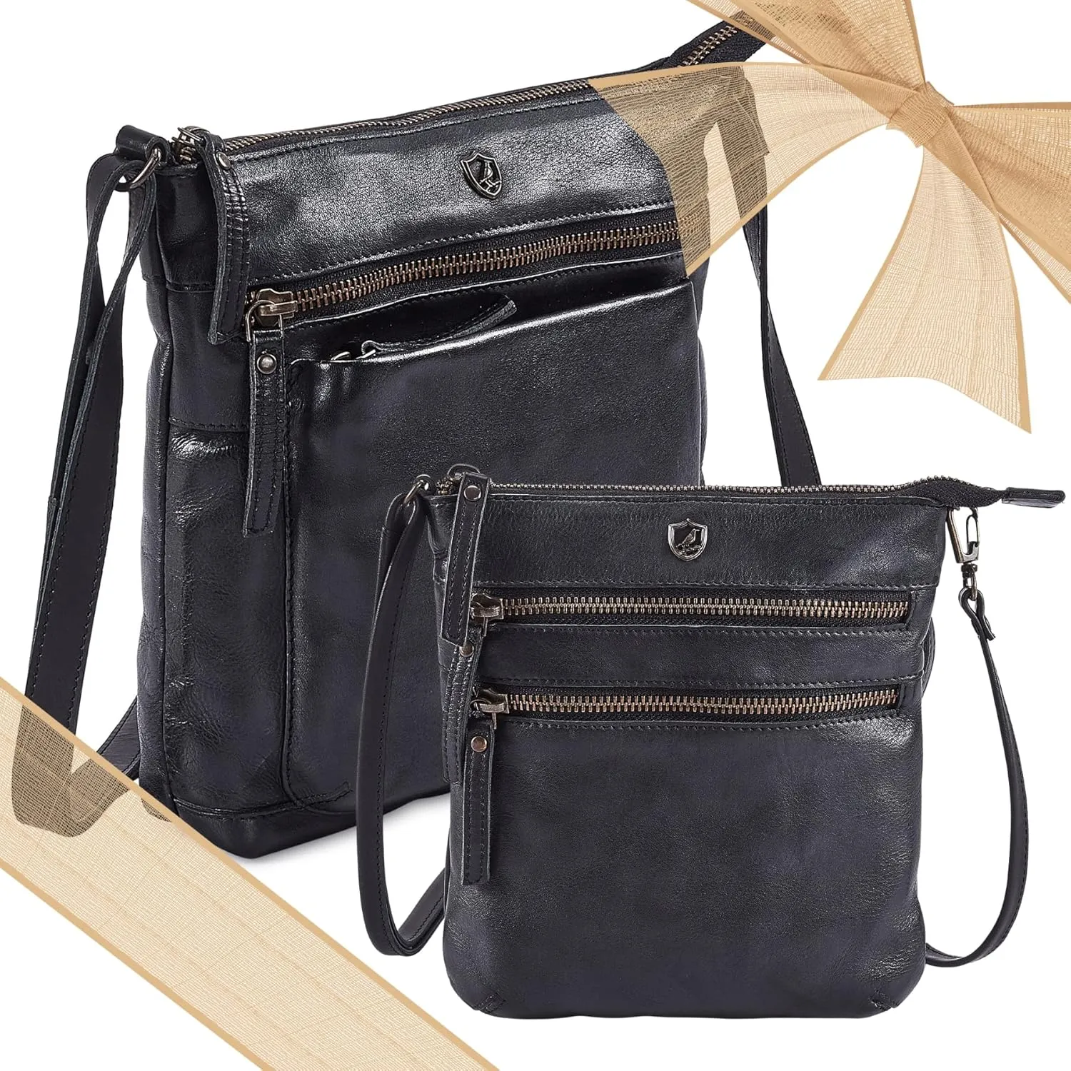Cochoa Small Triple Zip Real Leather Women's Crossbody- Premium Vintage Crossover Shoulder Sling Bag (Set of 2 Black)