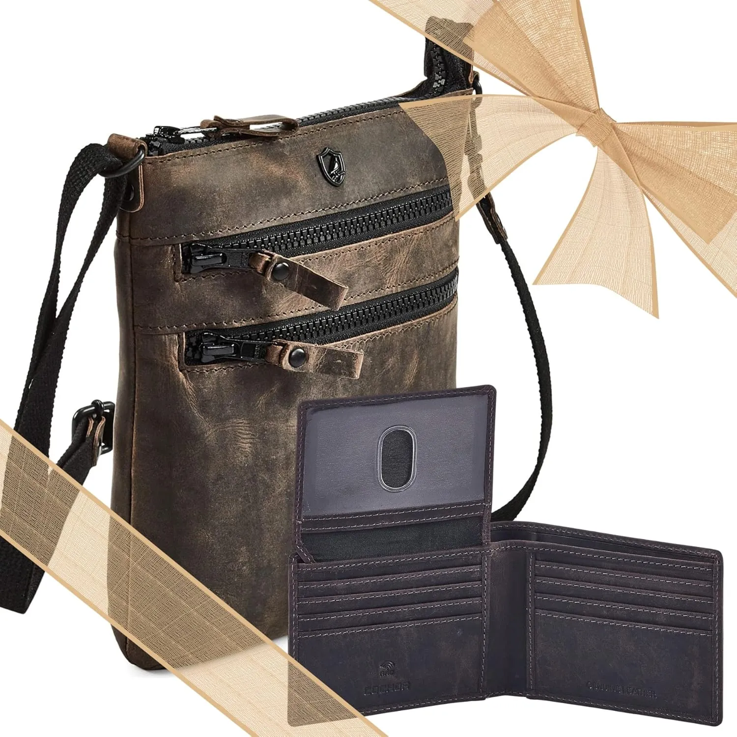 Cochoa Small Triple Zip Real Leather Women's Crossbody- Premium Vintage Crossover Shoulder Sling Bag SET with RFID Blocking Stylish Bifold Wallet With 2 ID Window