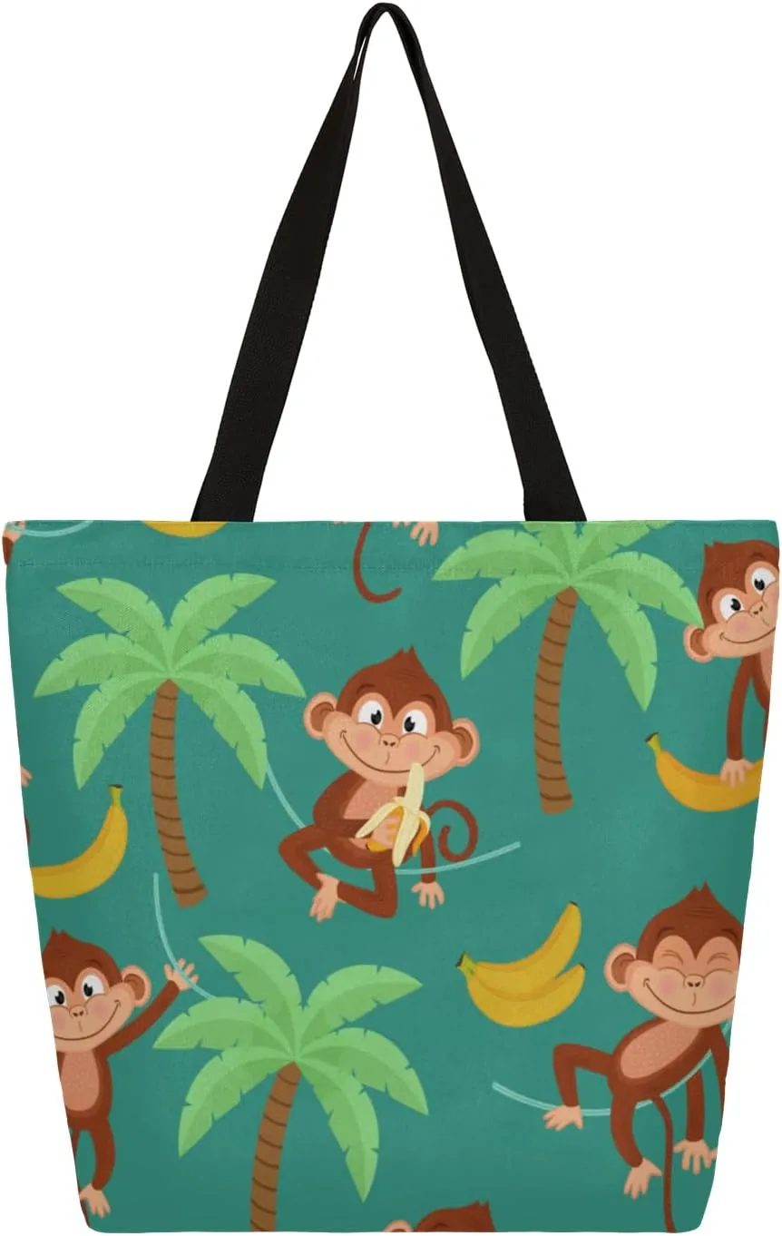 Coconut Banana Monkey Large Capacity Canvas Tote Bag Stylish Handheld Shoulder Bag Reusable Shopping Bag for Work Travel Beach Trips Shopping