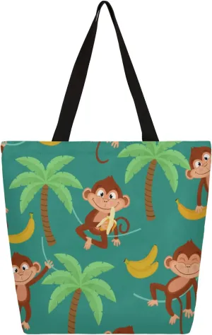 Coconut Banana Monkey Large Capacity Canvas Tote Bag Stylish Handheld Shoulder Bag Reusable Shopping Bag for Work Travel Beach Trips Shopping