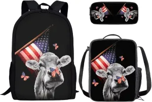 Coloranimal Retro American Flag Cow Print School Backpack for Girls Boys Unisex USA Flag Butterfly Schoolbags with Lunch Bags Pen Pouch 3 Packs