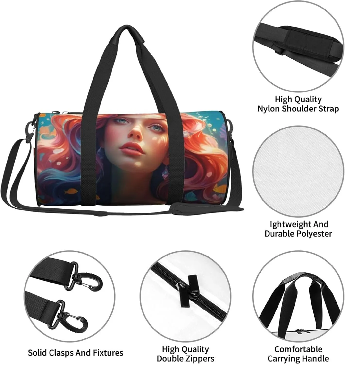 Colored beautiful mermaid Printed Travel Bag,Round Personal Item Storage bag,Foldie Duffel Bag for Traveling Vacation,Fitness,Sports