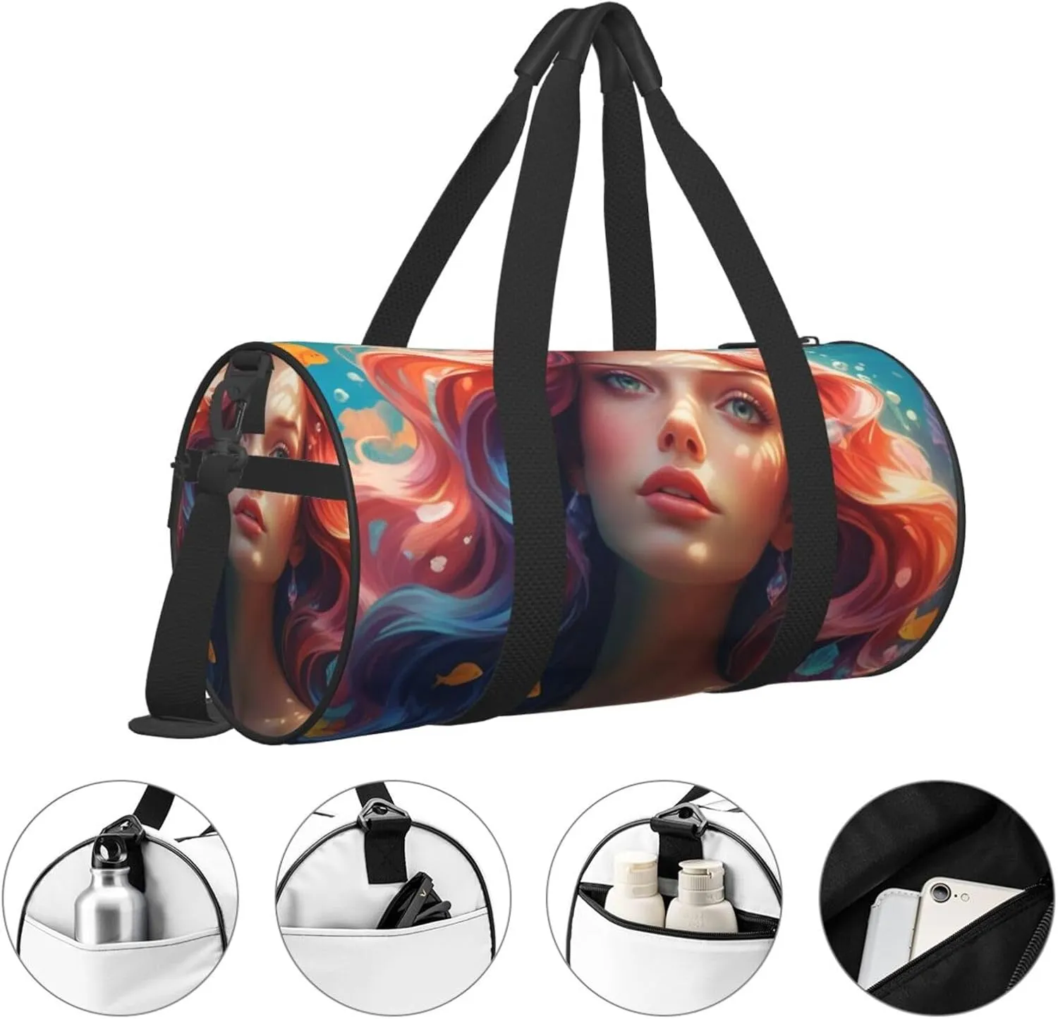 Colored beautiful mermaid Printed Travel Bag,Round Personal Item Storage bag,Foldie Duffel Bag for Traveling Vacation,Fitness,Sports