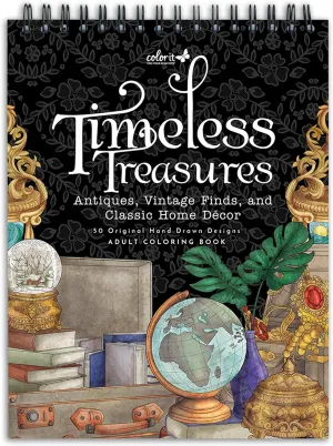 ColorIt Timeless Treasures: Antiques, Vintage Finds, and Classic Home Decor Adult Coloring Book, 50 Original Drawings, Spiral Binding, USA Printed, Lay Flat Hardback Book Cover, Ink Blotter Paper