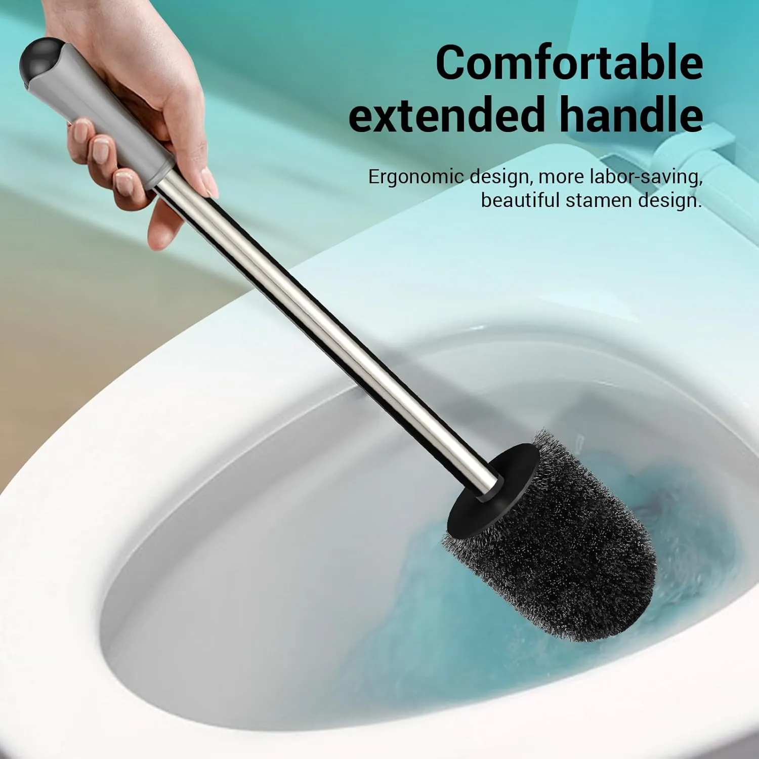 Compact Toilet Brush & Holder, 2 Pack, Stainless Steel Handle, Space Saving for Storage, Drip-Proof, Easy to Assemble, Grey & Black