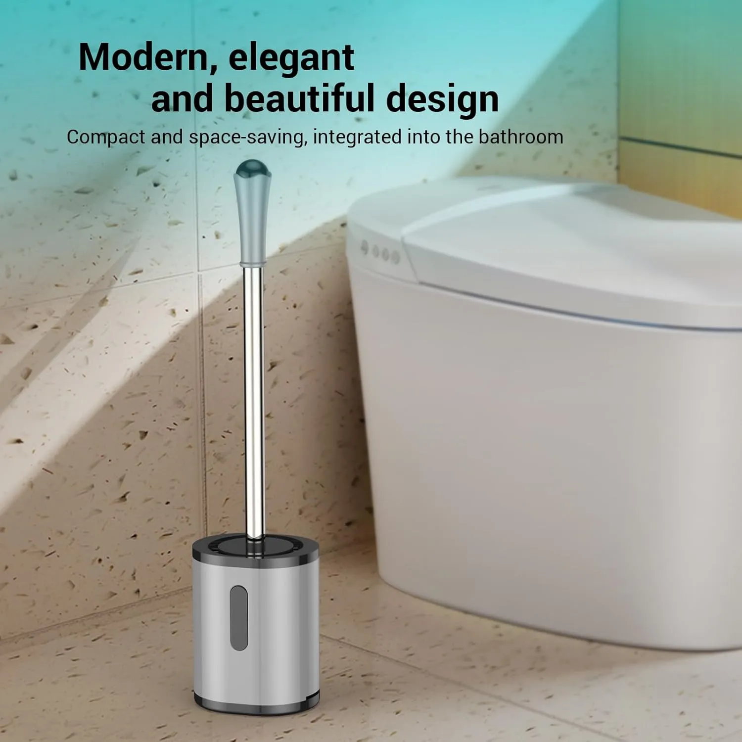 Compact Toilet Brush & Holder, 2 Pack, Stainless Steel Handle, Space Saving for Storage, Drip-Proof, Easy to Assemble, Grey & Black
