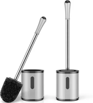 Compact Toilet Brush & Holder, 2 Pack, Stainless Steel Handle, Space Saving for Storage, Drip-Proof, Easy to Assemble, Grey & Black